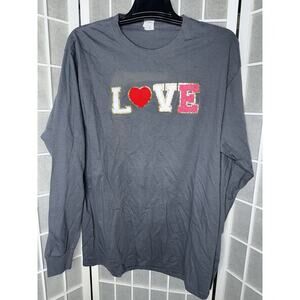 LOVE appliqué Fruit Of The Loom Long Sleeve Shirt 100% Cotton Valentines Large